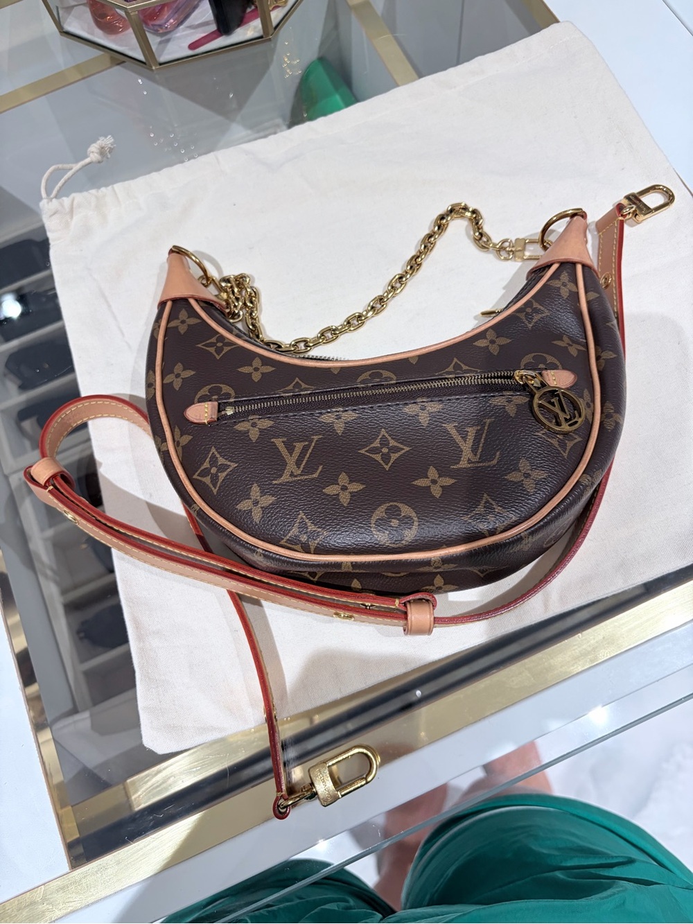 Louise et Cie Brown Monogram Crescent Shoulder Bag with Gold Chain